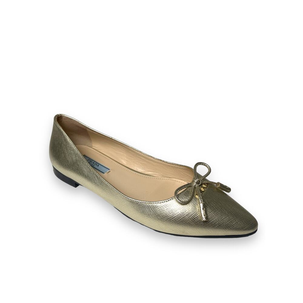 PRADA Gold Metallic Leather Bow Logo Accent Pointed Toe Ballet Flats 36 US 6
